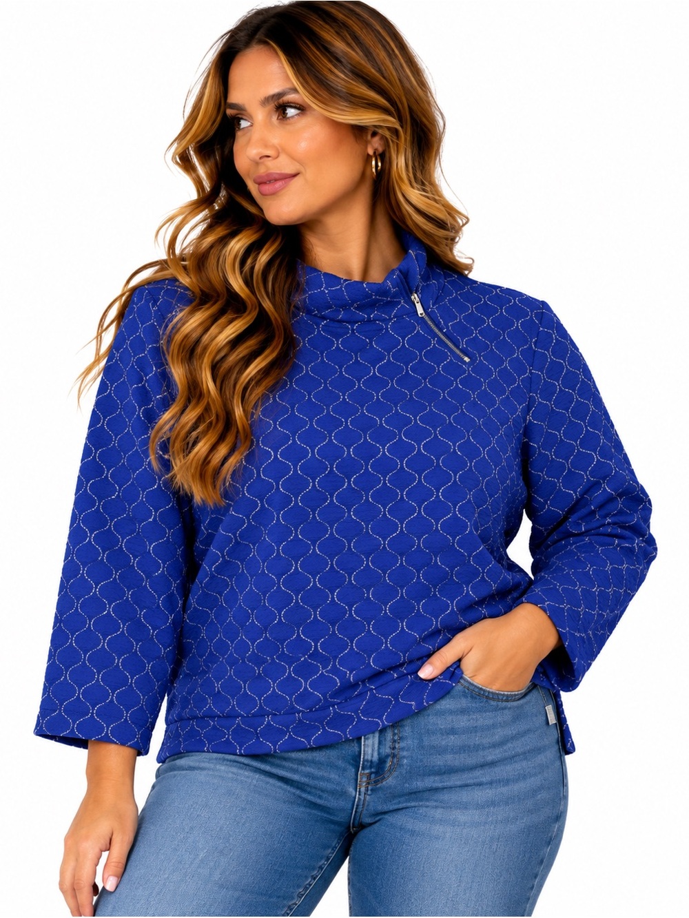 Joy Talbots Blue Metallic Geometric Quarter Zip Pullover 1X Plus Size Preppy
